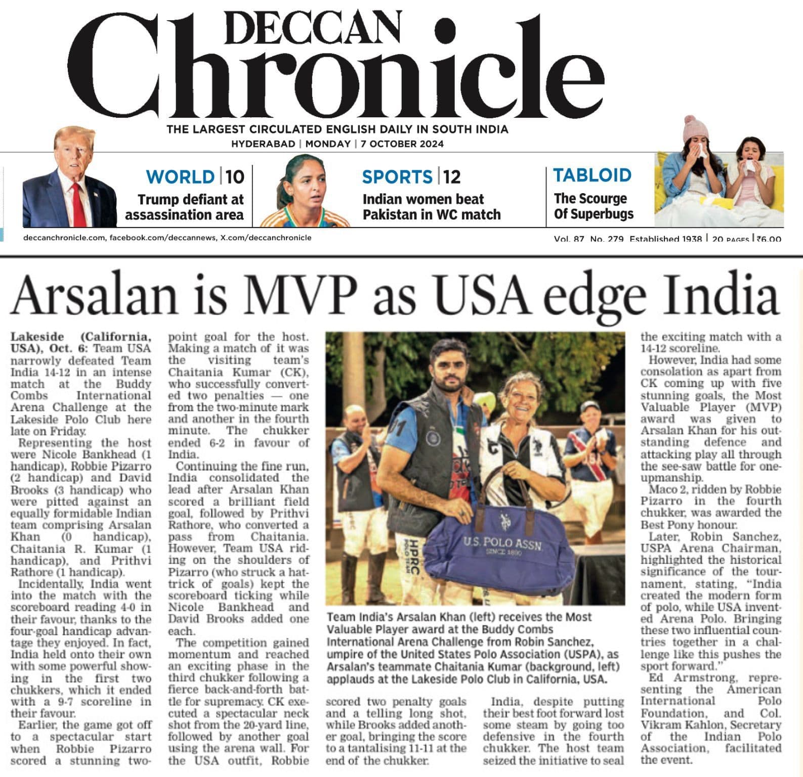 Deccan Chronicle newspaper article - Arsalan is MVP as USA edge India