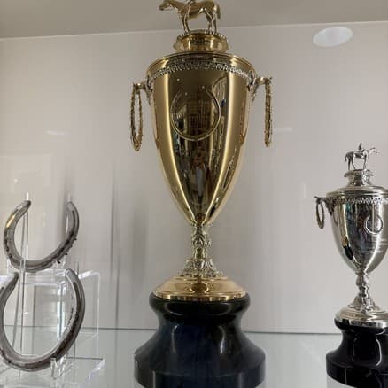 The Kentucky Derby trophy in Darley's trophy room
